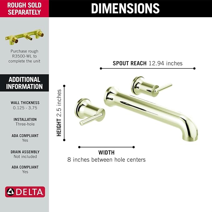 Delta Wall Mount Bathroom Faucet 3 Hole, Polished Nickel Bathroom Sink Faucet - Image 3
