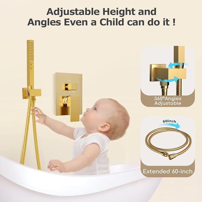 Dual Shower System Brushed Gold, Five Functions Knob Diverter Rainfall Shower - Image 3