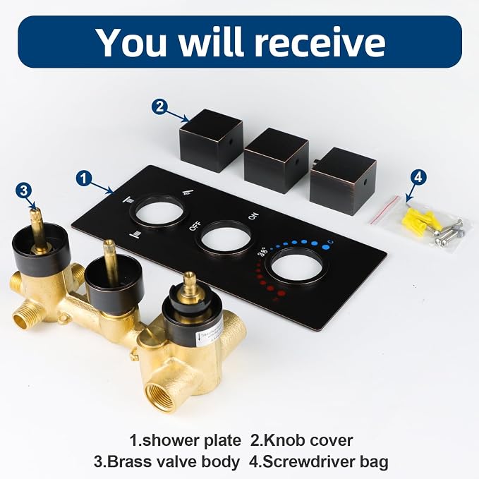 HOMEDEC Brass 3 Way Shower Diverter Valve, Thermostatic 3 Handle Control Shower - Image 6