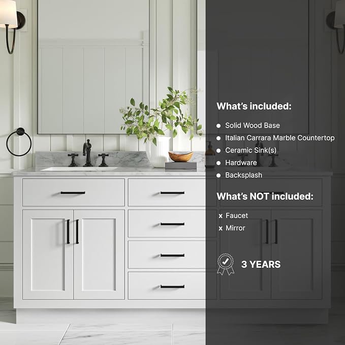 ARIEL Double Bathroom Vanity 73" White, Italian Carrara Marble Countertop & - Image 5