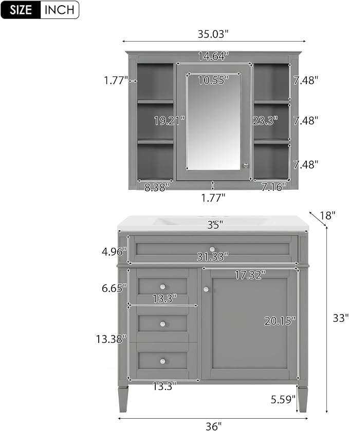 36" Bathroom Vanity with Matching Medicine Cabinet, Modern Sink Storage Cabinet - Image 2