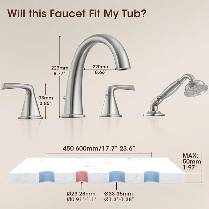 New Roman Tub Faucet with Sprayer, Bathtub Faucet Set Deck Mount, Brass 4 Hole - Image 7