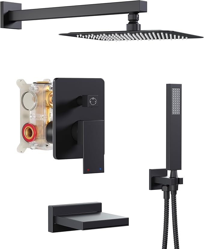 Black Tub Shower System, All Metal Tub Shower Faucet Set by HoliSpa