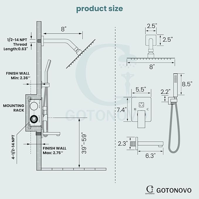 gotonovo Shower System with Tub Spout Wall Mounted Rain Shower Head and Handle - Image 9
