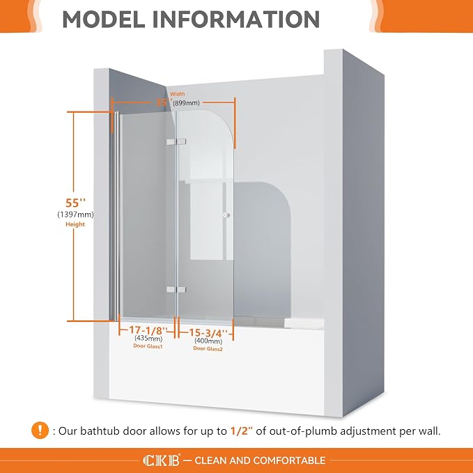 CKB Pivot Bathtub Shower Door, 35“ W × 55” H, 1/4" SGCC Tempered Glass - Image 4