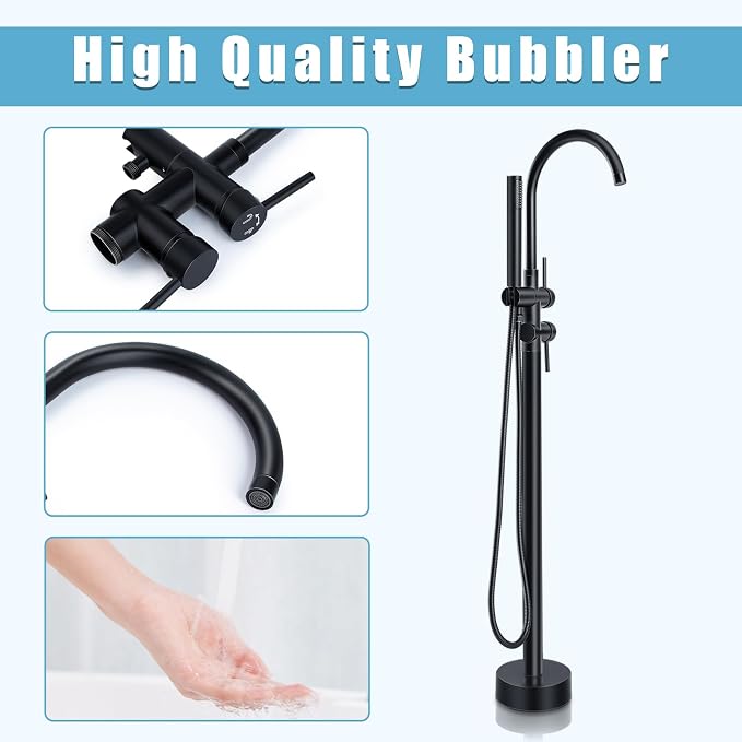 Floor Mount Bathtub Faucet，Matte Black，Freestanding Tub Faucet ，High Flow Dual - Image 3
