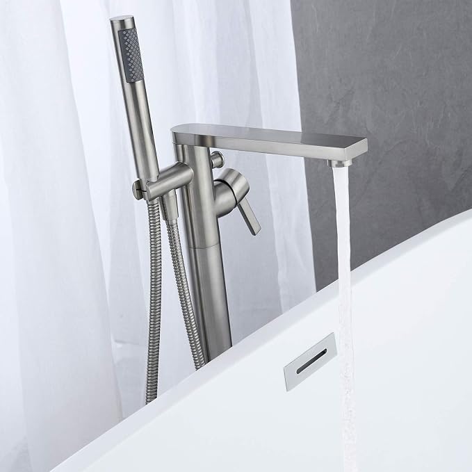 Freestanding Bathtub Faucet Tub Filler Brushed Nickel Floor Mount Brass Single - Image 4