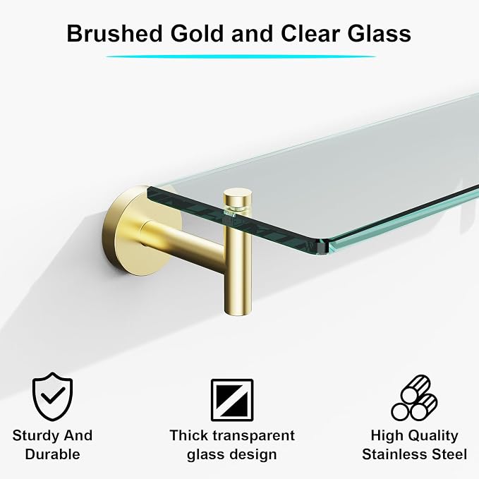 Glass Shelves for Bathroom, 16-Inch Brushed Gold Floating Bathroom Shelf - Image 5