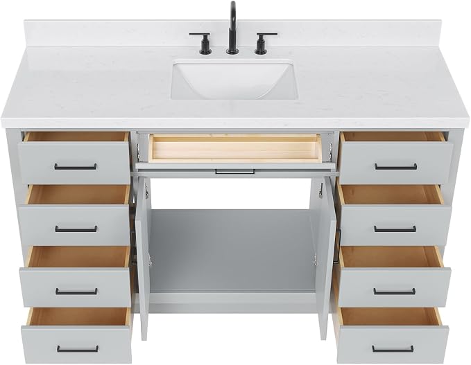 ARIEL Hepburn 60" Grey Bathroom Vanity, 1.5" Edge Carrara Quartz Countertop & - Image 5