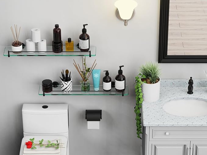 24 Inch Glass Bathroom Shelves, Matte Black Floating Shelves - Image 6