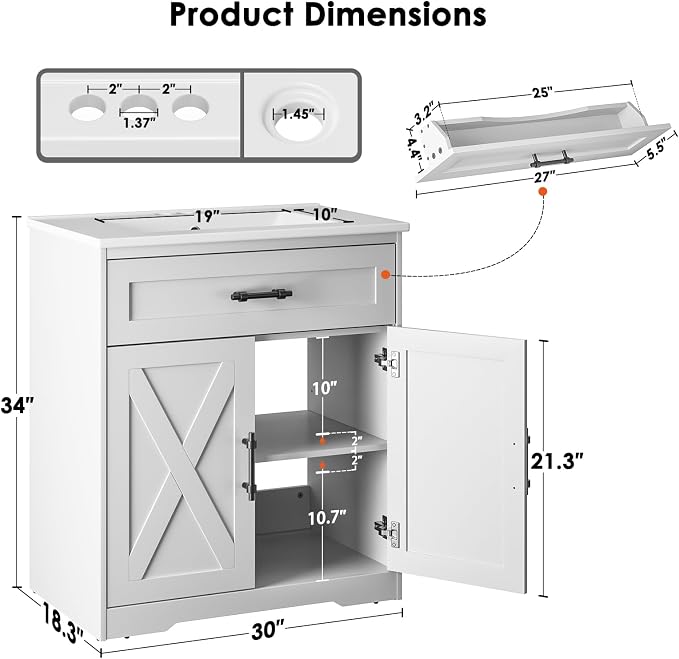 Amada 30″ Bathroom Vanity with Ceramic Sink, Farmhouse Undermount Vanity Sink - Image 2