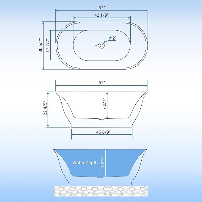 67" Acrylic Freestanding Bathtub, Contemporary Soaking Tub, CUPC Certified - Image 2