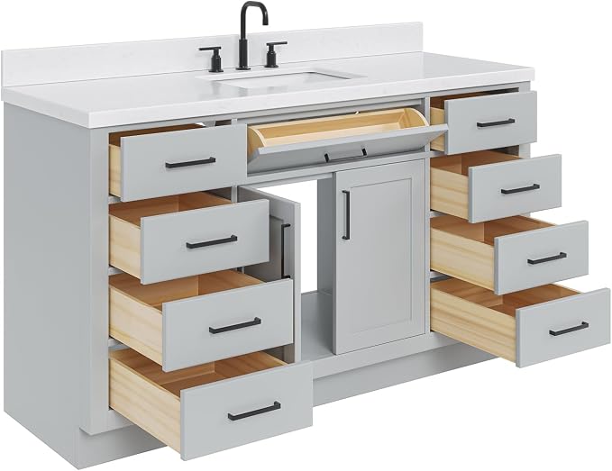 ARIEL Hepburn 60" Grey Bathroom Vanity, 1.5" Edge Carrara Quartz Countertop & - Image 4