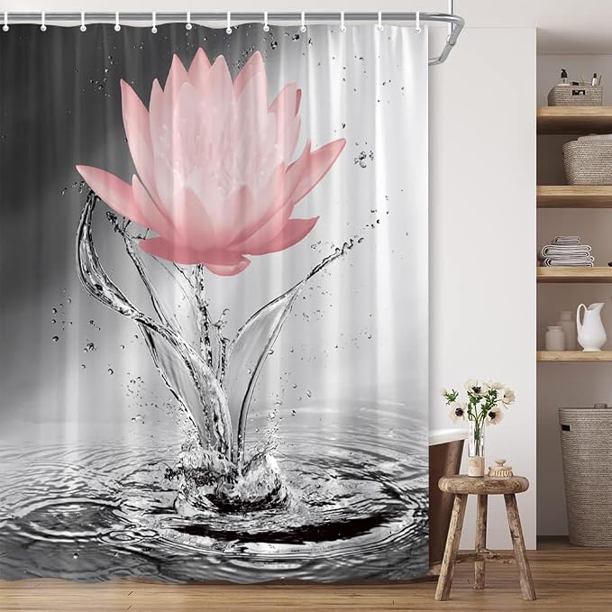 Lotus Shower Curtain Black White Grey Red Flower Elegant Blooming Floral - Image 4