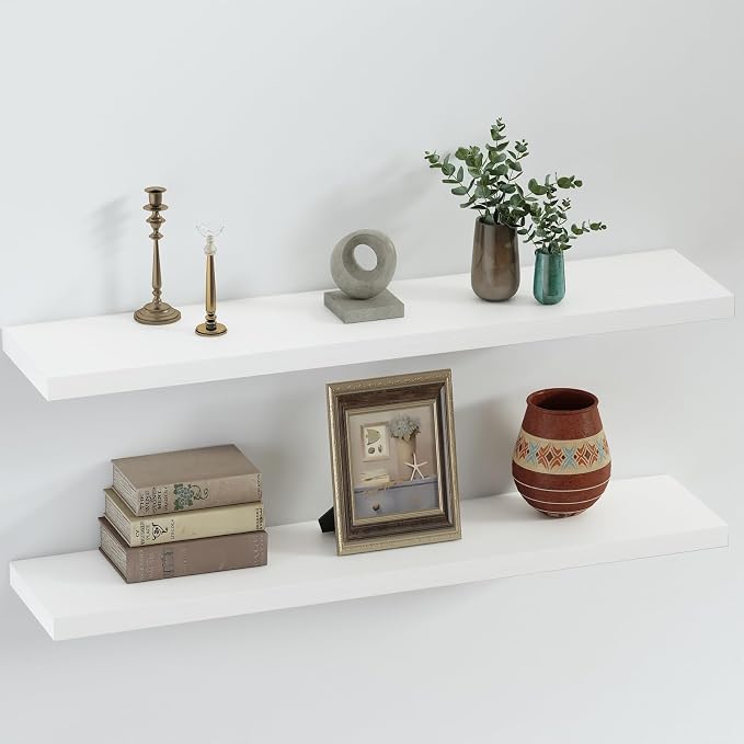 SAUMONIERES Floating Shelves 8 Inch Deep Solid Wood Wide Wall Shelf Set of 2 by Saumonieres