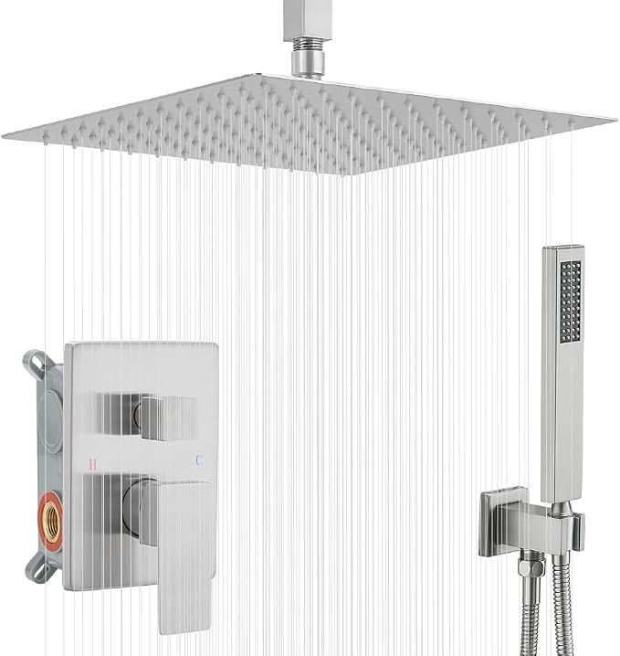 16 Inch Brushed Nickel Ceiling Mount Shower System Bathroom Luxury Rain Mixer by YCAIKOI