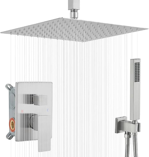 16 Inch Brushed Nickel Ceiling Mount Shower System Bathroom Luxury Rain Mixer by YCAIKOI