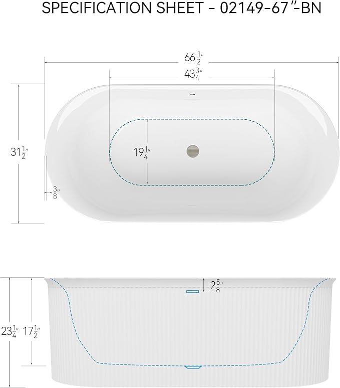 FerdY Nami 67" Acrylic Freestanding Bathtub, V Shape Freestanding Soaking - Image 5