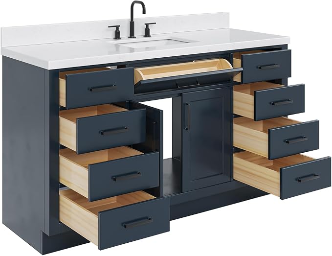 ARIEL Hepburn 66" Midnight Blue Bathroom Vanity, 1.5" Edge Carrara Quartz - Image 5