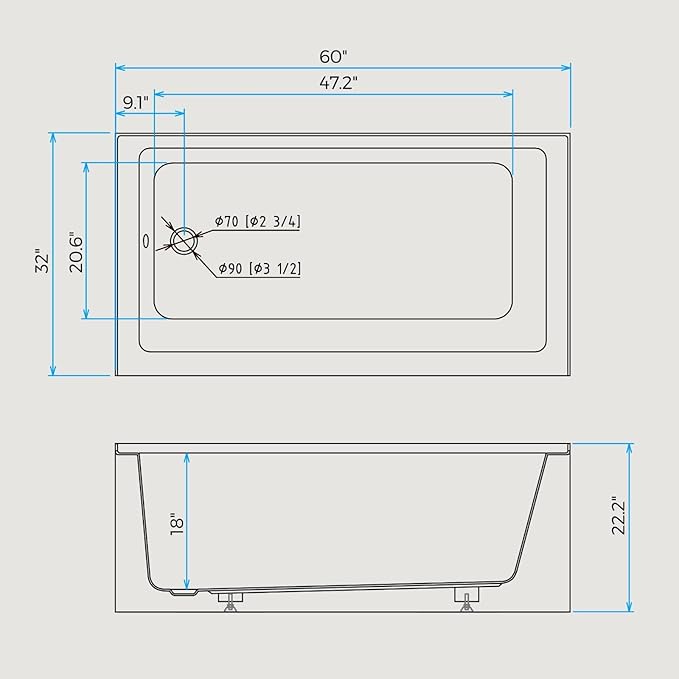 Acrylic Alcove Bathtub 60×32 Inch Drop-In Bathtubs– Left Hand Drain & Overflow - Image 8