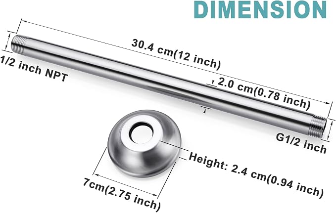 BESTILL 12 Inch Ceiling Mount Rain Shower Head Arm and Flange, Brushed Nickel - Image 5