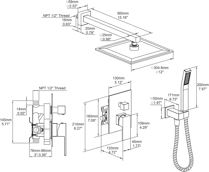 Rain Shower System 12 Inches Shower Combo Set Brushed Nickel Wall Mount Faucet - Image 2