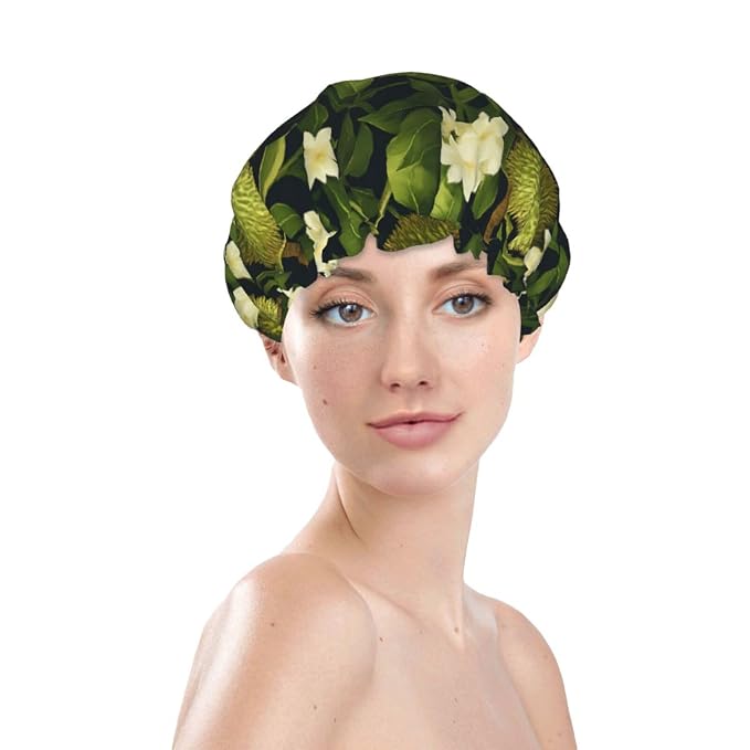 Durian and Floral Shower Cap for Women Reusable Waterproof Stylish Bath Hat - Image 3