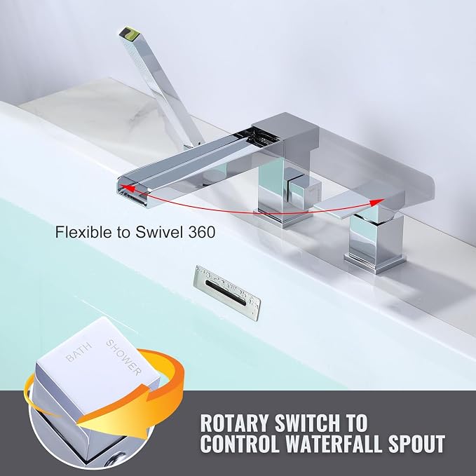Waterfall Roman Tub Filler Faucet, Deck Mount Bathtub Filler - Image 2