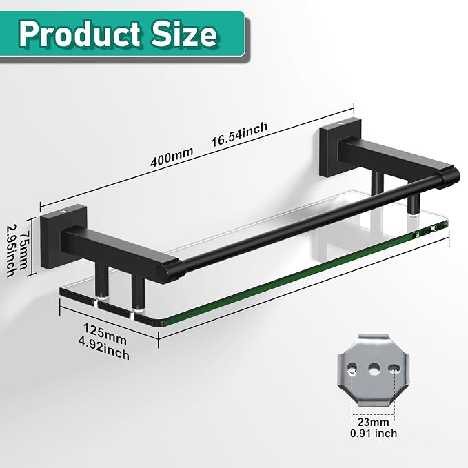 Glass Shelf 16IN for Bathroom Black Rectangular Stainless Steel Tempered Glass - Image 2