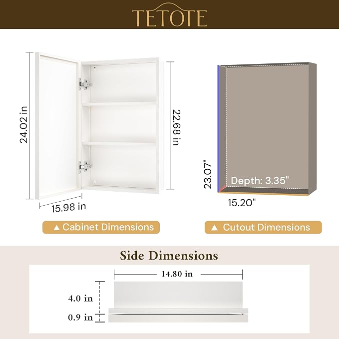 TETOTE White Medicine Cabinet 16" x 24" Bathroom Mirror - Image 2
