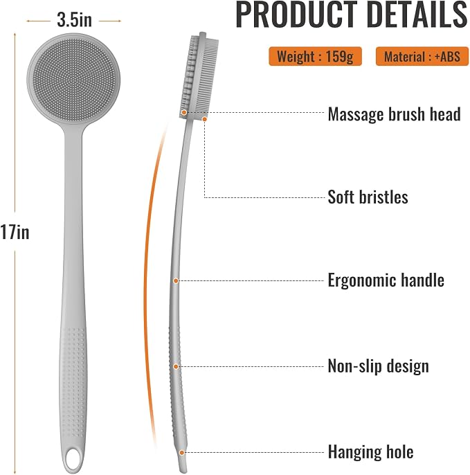 Silicone Back Scrubber for Shower, 17in Lengthen Long Handle Body Brush - Image 3