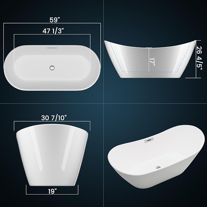 Freestanding Bathtubs 59 inch Acrylic Stand Alone Tub – White Finish - Image 2