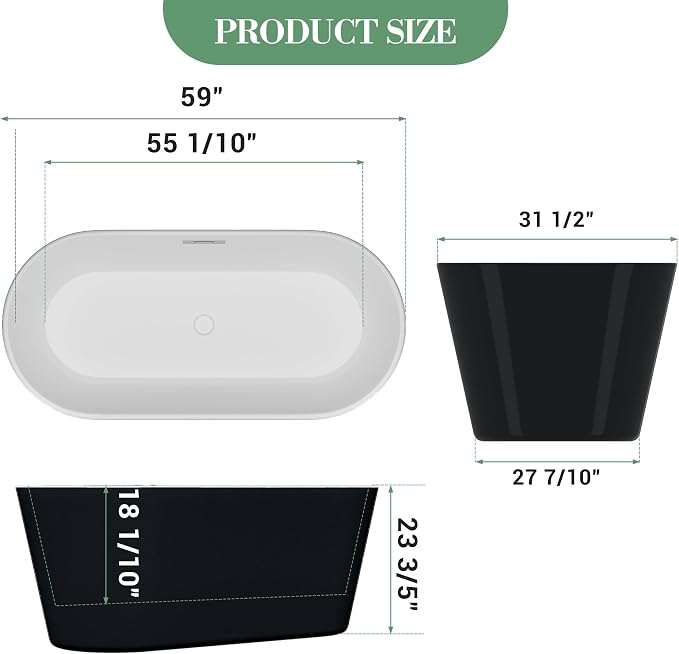 59" Deep Soaking Bathtub, Non-Slip Acrylic Tub - Image 2