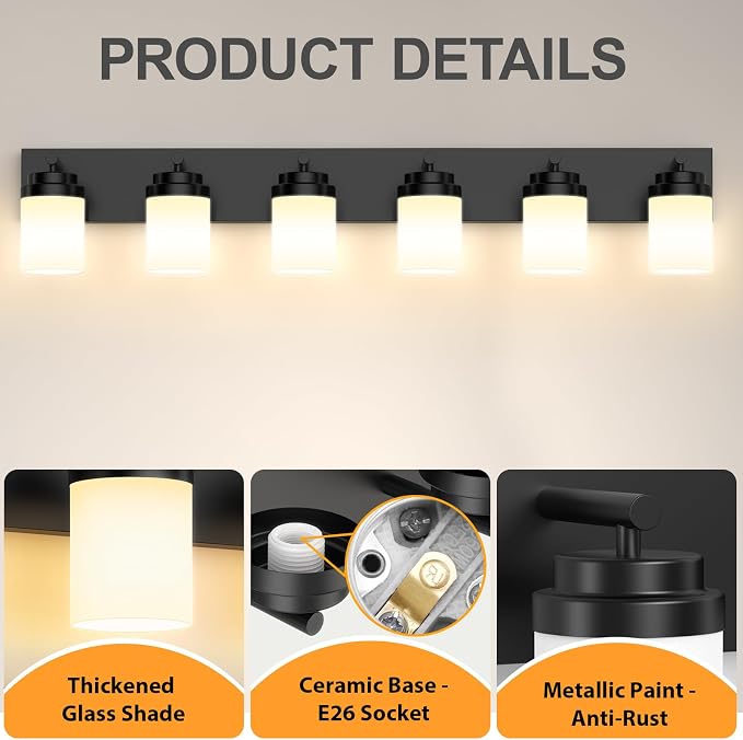 IZORRO Bathroom Vanity Light Fixture, 6-Light 43 Inch Matte Black Bathroom - Image 3