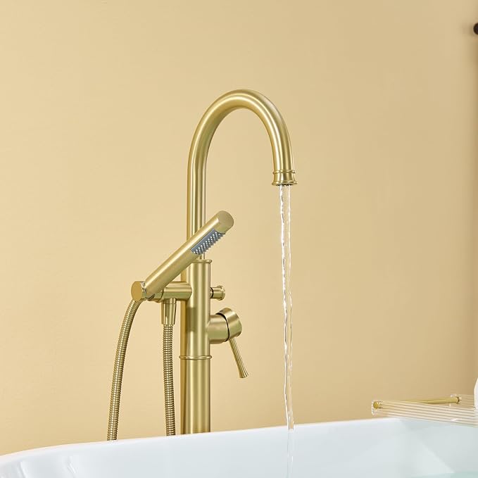 Free Standing Tub Faucet Brushed Gold Freestanding Bathtub Faucet Floor Mount - Image 7