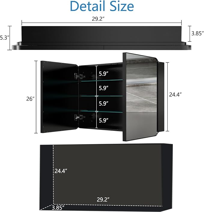 Bathroom Medicine Cabinet with 30"x26" Black Stainless Steel Framed Mirror - Image 3