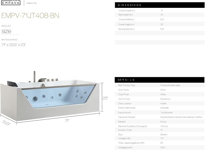 Empava Acrylic Whirlpool Bathtub, 71-Inch Jetted Bathtub - Image 9