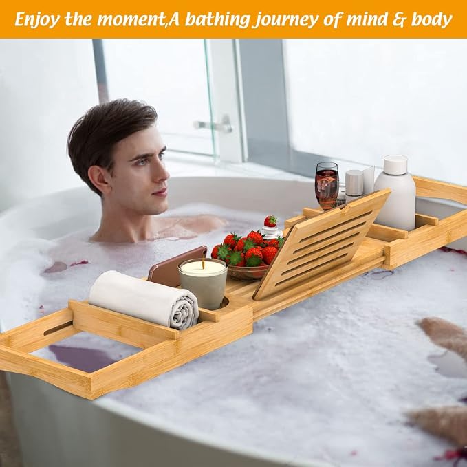 Bamboo Bathtub Tray for Luxury Bathroom, Expandable Premium Bath Tray w/Soap - Image 5