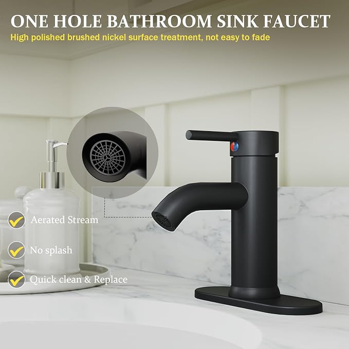 Matte Black Bathroom Faucet, Single Hole Single Handle Bathroom Sink Faucets - Image 5