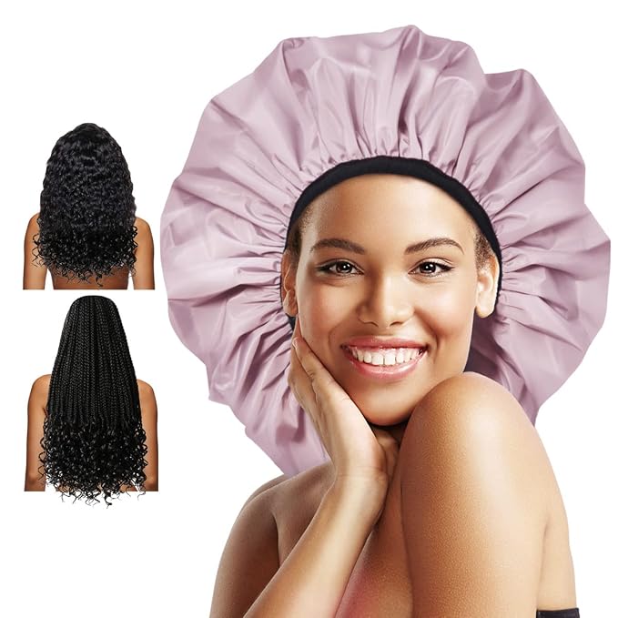 Auban Extra Large Shower Cap, Double-Layer Waterproof Reusable, XL Satin Lining by Auban