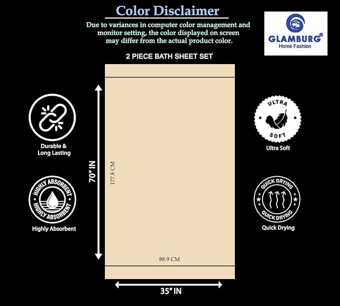 GLAMBURG Premium Cotton Oversized 2 Pack Bath Sheet 35x70-100% Pure Cotton - Image 3