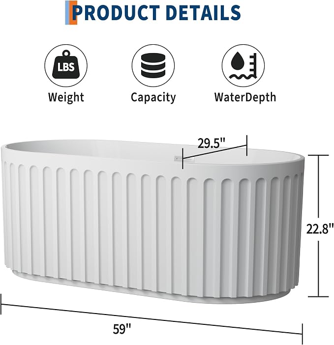 GarveeLife Freestanding Bathtubs 59 inch Glossy White Acrylic Soaking Tub – - Image 2