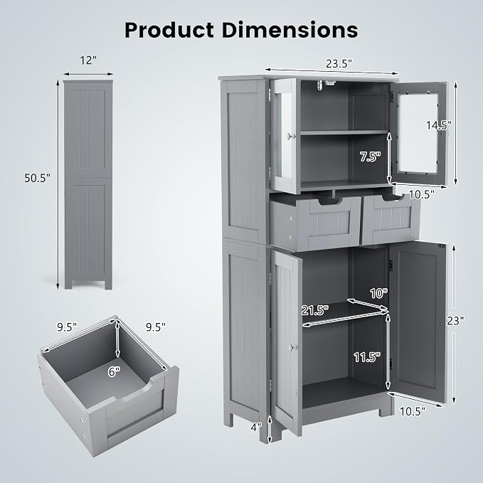 COSTWAY Bathroom Storage Cabinet, Freestanding Bathroom Organizer - Image 3
