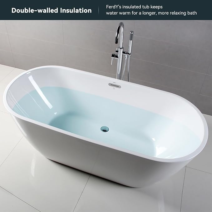 FerdY Bali 67" Acrylic Freestanding Bathtub, Ergonomic Lightweight Classic Oval - Image 3