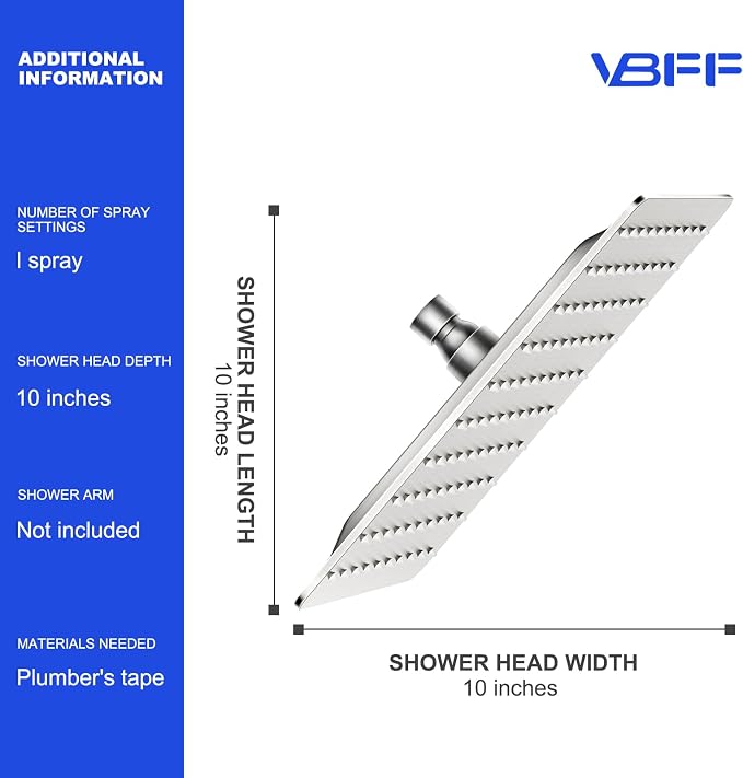 VBFF-Shower Head, rain shower head, 10 inch- Square Shower Head, 1.8 GPM Flow - Image 6