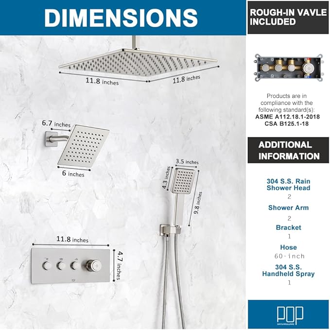 POP SANITARYWARE Shower Faucet Set Brushed Nickel Bathroom Rainfall Shower - Image 8