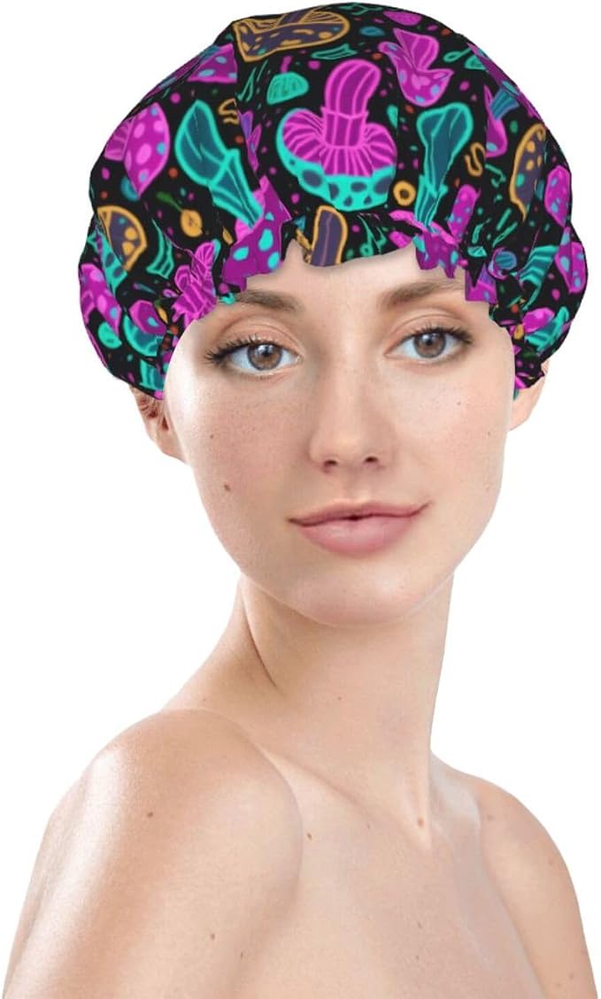 Double Layers Shower Caps for Women Girls, Colorful Mushroom Neon Glow in Dark - Image 3