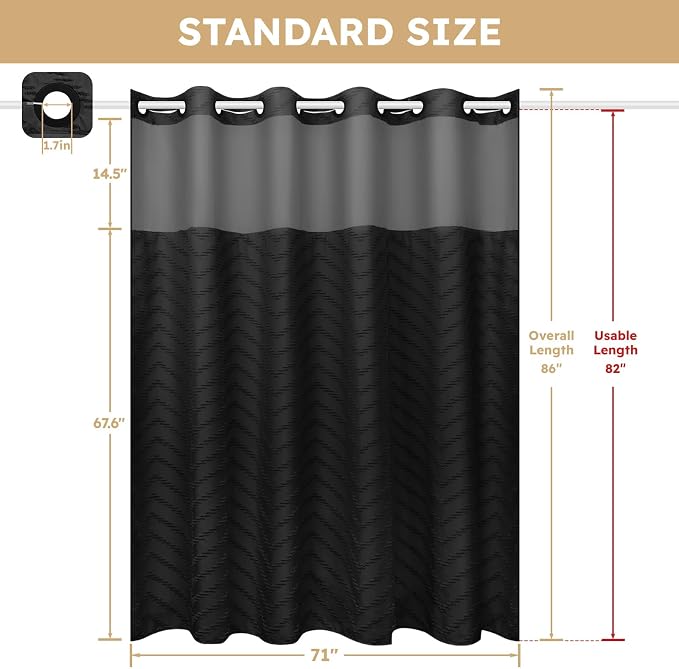 No Hook Shower Curtain and Snap in Liner Set Black Tufted Chevron Striped Cloth - Image 5