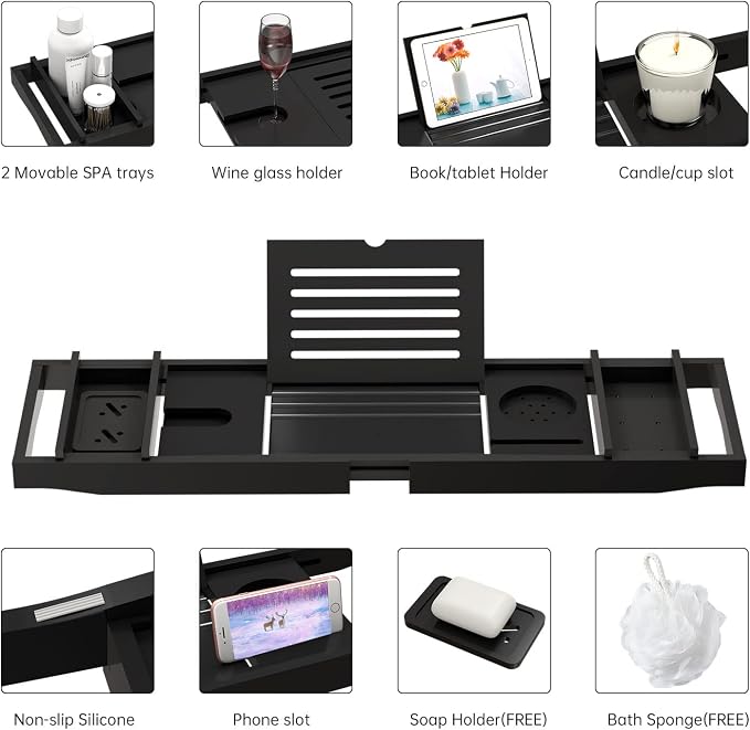 Bamboo Bathtub Tray for Luxury Bathroom, Expandable Premium Bath Tray w/Soap - Image 3