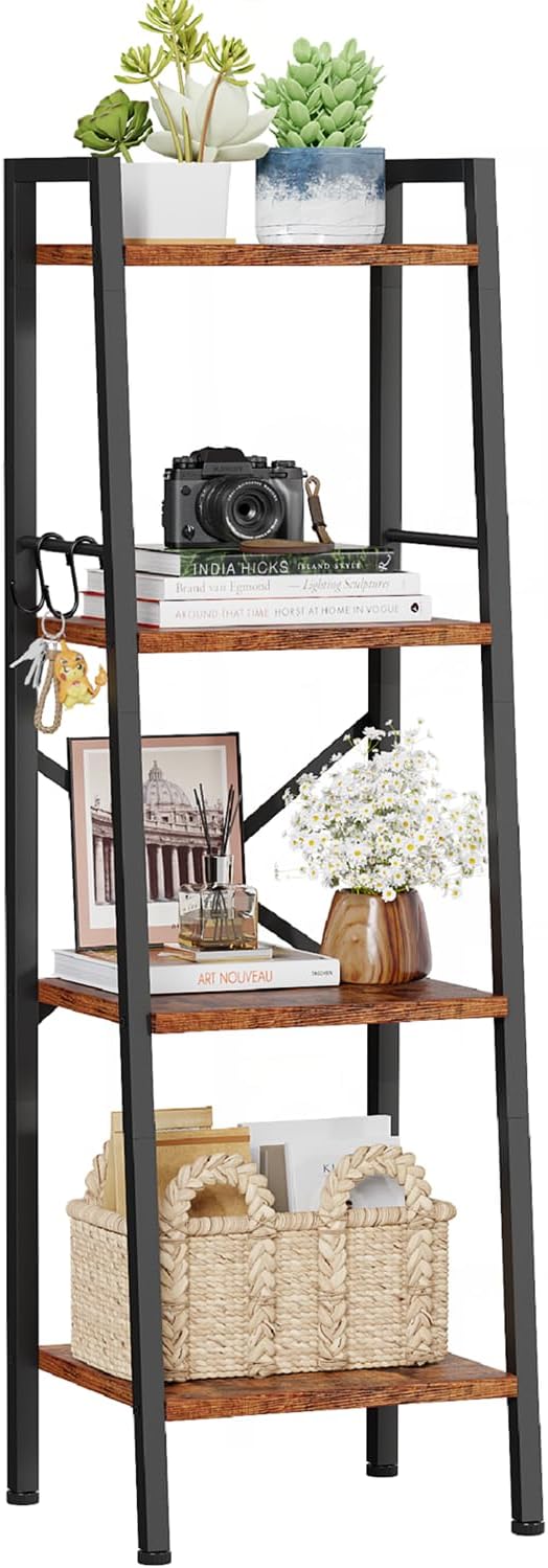 Furologee 4 Tier Ladder Bookshelf Narrow, Metal Wooden Ladder Shelf Bookcase by Furologee